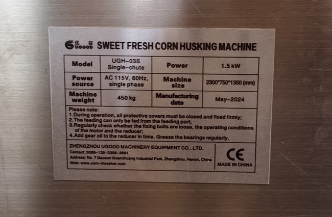 Sweet corn husker shipped to the USA
