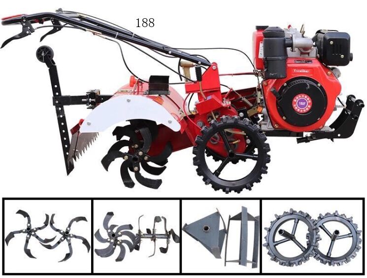 188 air cooling diesel engine tractor+ditching knife + rotary tiller+ weeding wheel + solid tires:
